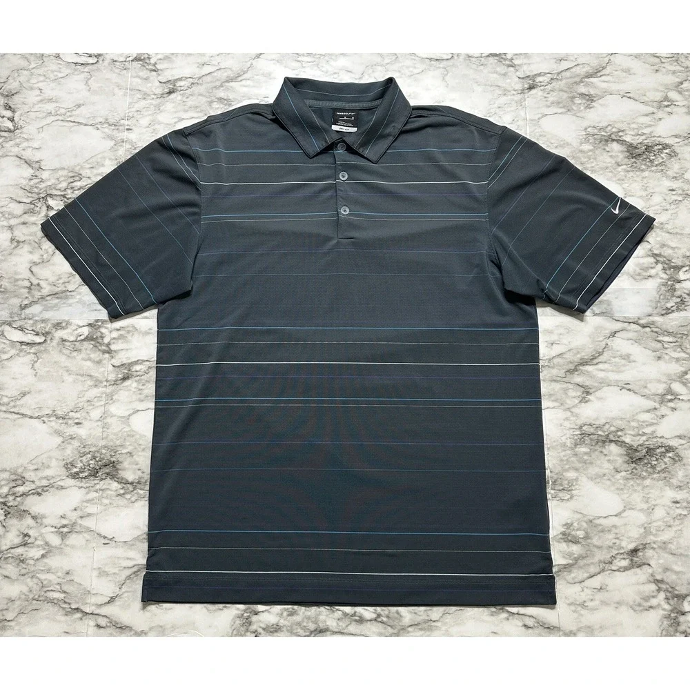 Nike Golf Dri Fit Men's Polo Shirt M Dark Gray Striped Short Sleeve 388501-068